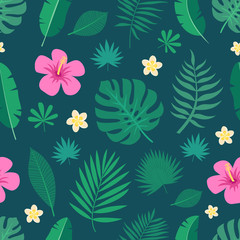 Exotic seamless colorful pattern with tropical jungle leaves and flowers of plumeria and hibiscus on dark background. Floral modern pattern for textile, manufacturing etc. Vector illustration