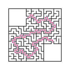 Black square maze with entrance and exit. An interesting and useful game for children. Simple flat vector illustration isolated on white background. With a place for your drawings. With the answer.