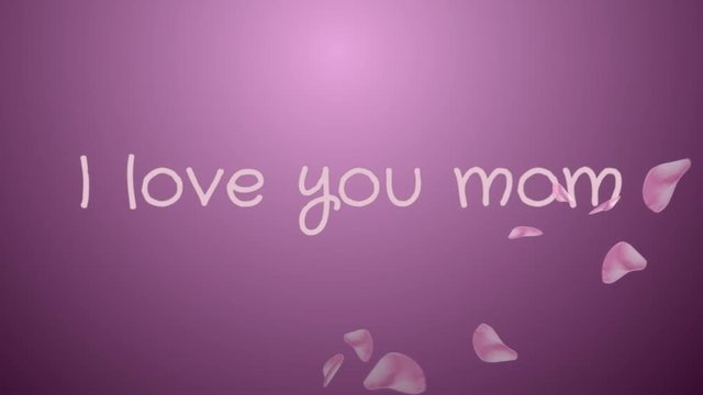 Animation I love you mom, mother's day, greeting card, pink petals, lilac background