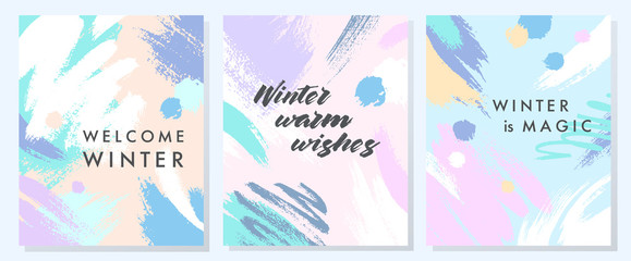 Unique artistic winter cards with hand drawn shapes and textures in soft pastel colors.Trendy graphic design perfect for prints,flyers,banners,invitations,special offer and more.Vector collages.