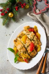 Grilled Salmon with Grapefruit and Orange Sauce. © elena_hramowa
