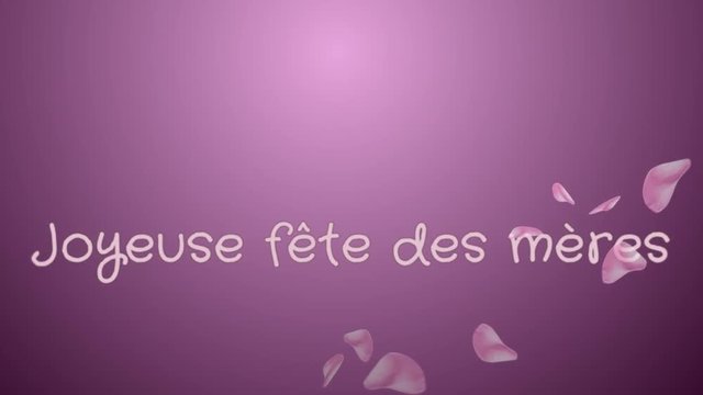 Animation Joyeuse fete des meres, Happy Mother's day in french language, greeting card, pink petals, lilac background