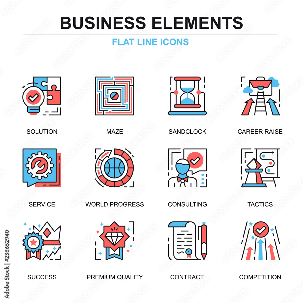 Poster Flat line business elements icons concepts set for website and mobile site and apps. Symbols and new leadership metaphors. Thin line color simple pictogram pack. Vector illustration.
