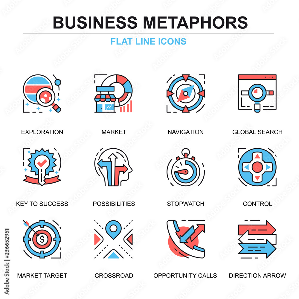 Poster Flat line business process icons concepts set for website and mobile site and apps. Solution finding, market strategy tactics. Thin line color simple pictogram pack. Vector illustration.