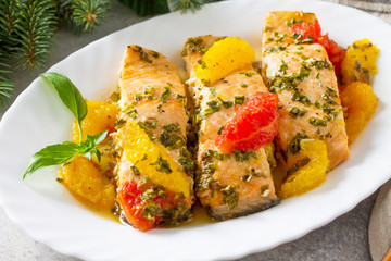 Grilled Salmon close-up with Grapefruit and Orange Sauce.