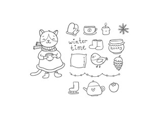 Winter set. Cute cartoon kitty and cozy things for a cold evening. lazy weekend.