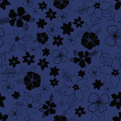 Vector seamless repeat floral pattern on navy background. Perfect for fabric, wallpaper, stationery and scrapbooking projects and other crafts and digital work
