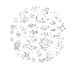 Big set of marine. Sea theme. Cute cartoon turtle starfish, funny fish, jellyfish and sea horse, seaweed and a bottle with a note.