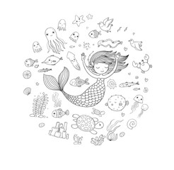 Naklejka premium Marine illustrations set. Little cute cartoon mermaid