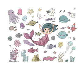 Marine illustrations set. Little cute cartoon mermaid