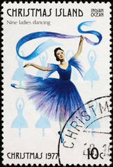 Twelve days of Christmas - 9 ladies dancing on postage stamp of Christmas Island