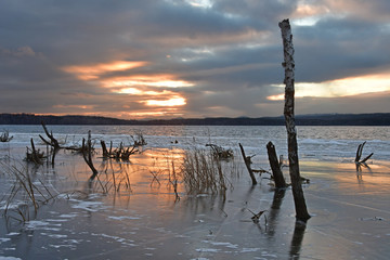 Lake Uvildy in november at sunset in late autumn, Southern Urals, Russia