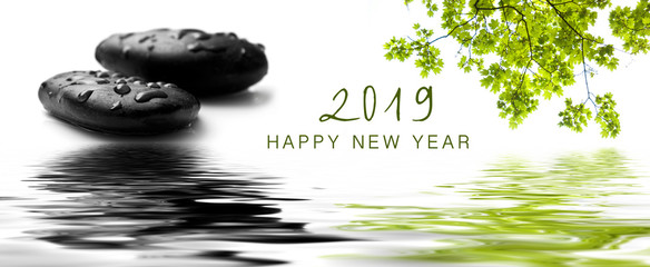 zen banner happy new year card 2019 ) raindrops on black pebbles in border water reflection