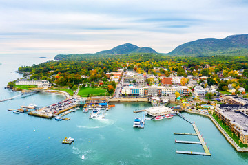 Aerial view of Bar Harbor, Maine. Bar Harbor is a town on Mount Desert Island in Hancock County, Maine and a popular tourist destination. - obrazy, fototapety, plakaty