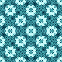 Seamless pattern from circular abstract floral ornaments in dark cyan and pale turquoise color on emerald green background. Vector illustration. Suitable for fabric, wallpaper and wrapping paper