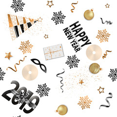 Happy New Year 2019 seamless pattern with gold and white snowflackes.