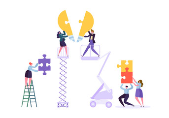 Creating idea, teamwork, business innovation concept. Business people characters team working collecting puzzle pieces of light bulb. Vector illustration
