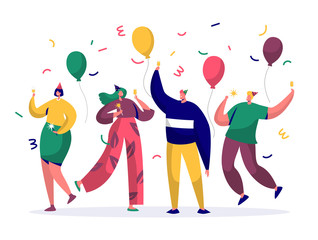Group of joyful people celebrating New Year or Birthday party. Man and woman characters in hats having fun and having toast with confetti and balloons. Vector illustration - obrazy, fototapety, plakaty