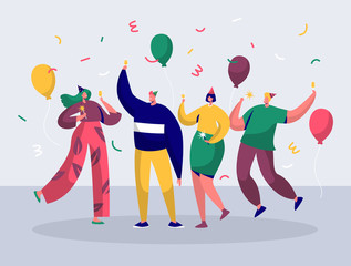 Group of joyful people celebrating New Year or Birthday party. Man and woman characters in hats having fun and having toast with confetti and balloons. Vector illustration