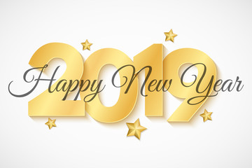Happy New Year 2019. 3d gold Numbers. Black calligraphy. Luxury holiday web background. Golden stars. Vector illustration