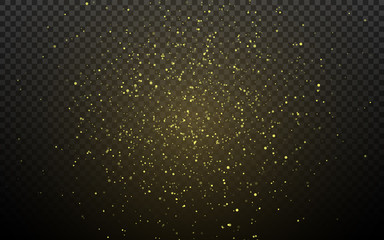 Abstract golden sparkle on a transparent background. Gold dust and glares. Christmas magical dust. Shimmering particles. Flying glowing lights. Vector illustration