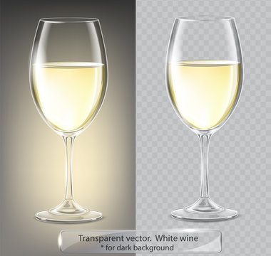 Transparent vector wineglass with white wine. For dark background