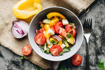 Delicious Greek salad or Horiatiki salad with ingredients