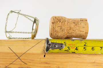 Champagne cork and New Year's Eve in a carpentry workshop. Carpentry accessories on a white table.