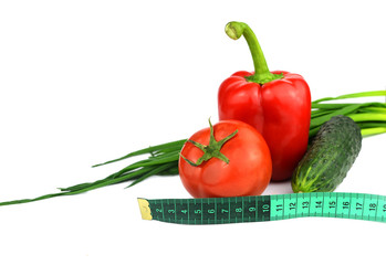 vegetables ripe tomato cucumber and paprika fresh with green onions and measure