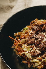 Delicious spicy noodles with meat in pot, traditional Aisan food