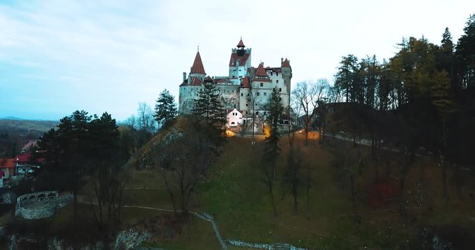 Castle on the mountain. View from above. Dawn. Dusk.