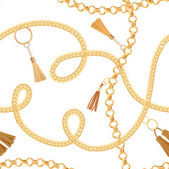 Fashion Seamless Pattern with Golden Chains. Fabric Design Background with Chain, Metallic accessories and Jewelry for Wallpapers, Prints. Vector illustration