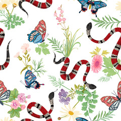 Coral snakes and tropical butterflies seamless Pattern. Snake fashion background for textile fabric, prints, wallpaper. Animal wildlife nature ornamental texture. Vector illustration