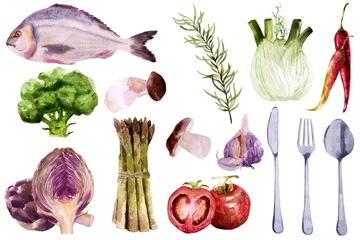 Photo sur Aluminium brossé Des légumes Ensemble de légumes à l& 39 aquarelle. Illustration de nourriture écologique fraîche organique peinte sur fond blanc.