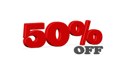 50% OFF, fifty percent off discount, Red 3D text isolated on white background, vector