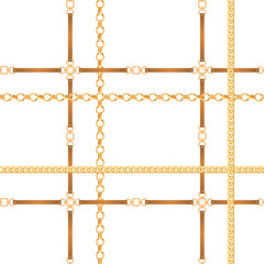 Fototapeta premium Chains and Belts Seamless Pattern. Fashion Background with Golden Chain and Leather Strap for Fabric, Textile, Wallpaper. Vector illustration