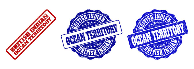 BRITISH INDIAN OCEAN TERRITORY scratched stamp seals in red and blue colors. Vector BRITISH INDIAN OCEAN TERRITORY labels with distress surface. Graphic elements are rounded rectangles, rosettes,