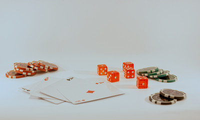 4 four aces and 5 five dices with some different jetons