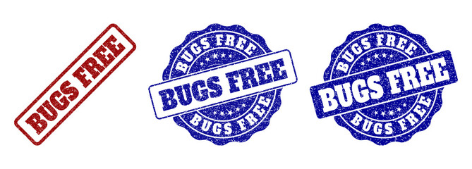 BUGS FREE grunge stamp seals in red and blue colors. Vector BUGS FREE overlays with draft surface. Graphic elements are rounded rectangles, rosettes, circles and text titles.