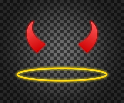 Hell or heaven. An angel's halo and devil's horns isolated on transparent background. Vector illustration.