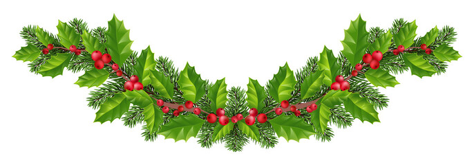 Christmas decorations with  fir tree, holly, berries and decorative elements. Design element for Christmas decoration. Isolated on white background without shadow.