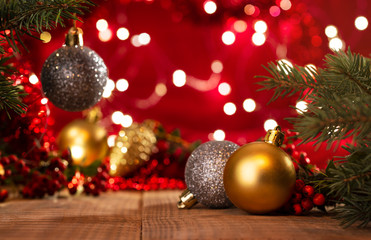 Christmas background, fir branches and Christmas balls