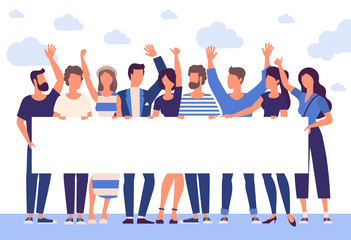 people holding blank white banner