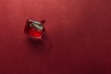 Flat lay of ice cubes on red background