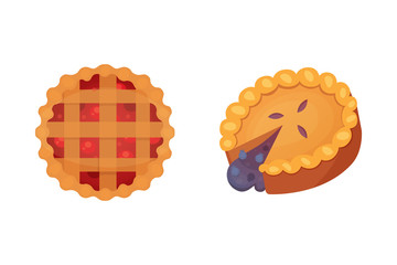Fruit dessert pie vector icons in cartoon style. Sweet bakery product, berry cake vector illustration.