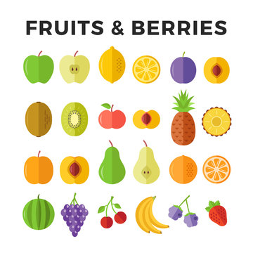 Fruits and berries flat icons. Apple, lemon, pineapple, pear, orange, banana, strawberry etc. Delicious fruits icons and berries. Vector icons set