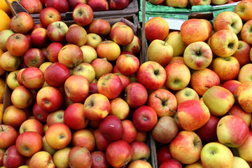 Lots of fresh organic red juicy apples on the market  pattern background