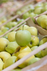 Pile of fresh ripe green apples in boxes at market
