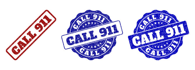 CALL 911 grunge stamp seals in red and blue colors. Vector CALL 911 imprints with grunge surface. Graphic elements are rounded rectangles, rosettes, circles and text labels.