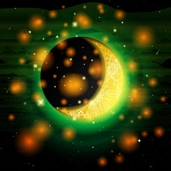 Fantastic illustration. Space, meteorites and stars. Planet. Moon. Magic crescent. Fantasy art. Green and yellow colors.